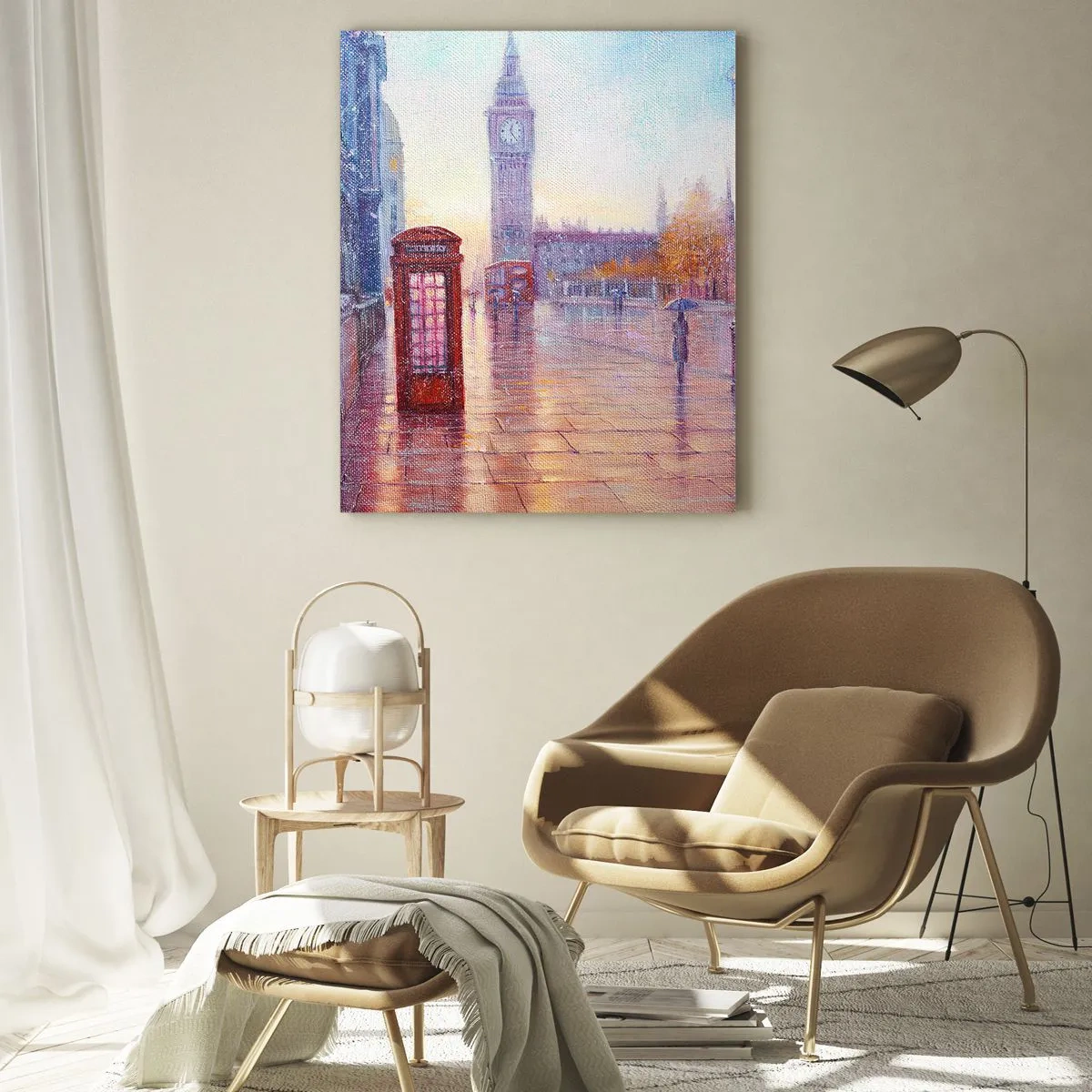Cuadro sobre vidrio - Impresiones sobre Vidrio - Calle de Londres con el Big Ben en un día lluvioso - 80x120cm - Un día de otoño en Londres - Decoración de pared moderna para salón y dormitorio ARTTOR