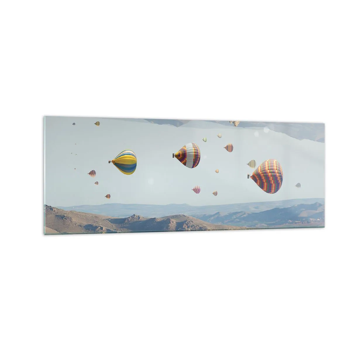 Cuadro sobre vidrio - Impresiones sobre Vidrio - Globos de colores sobre un paisaje rocoso. - 140x50cm - Aquí todo es posible - Decoración de pared moderna para salón y dormitorio ARTTOR