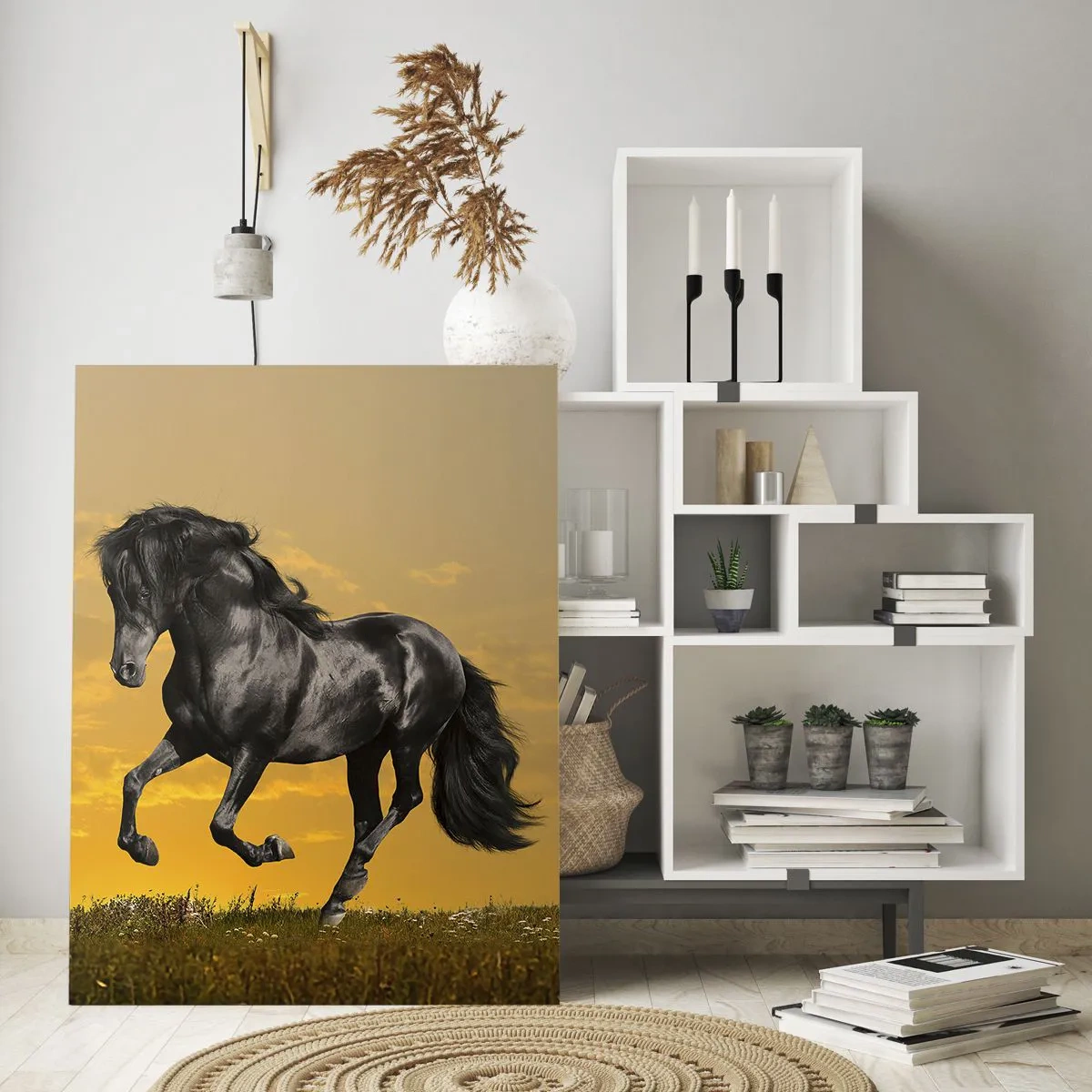 Cuadro sobre vidrio - Impresiones sobre Vidrio - Un caballo negro galopando contra el sol poniente. - 50x70cm - Hermoso, libre y salvaje - Decoración de pared moderna para salón y dormitorio ARTTOR