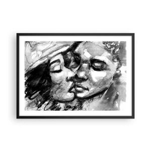 Póster en marco negro - Una acuarela en blanco y negro que representa un momento íntimo entre dos personas. - 70x50cm - Un momento tierno - Decoración de pared moderna para salón y dormitorio ARTTOR