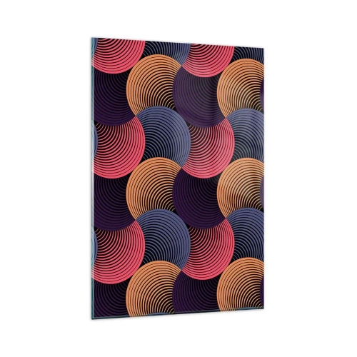 Cuadro sobre vidrio - Impresiones sobre Vidrio - Círculos geométricos en tonos rosa, morado y dorado. - 80x120cm - En un ritmo circular - Decoración de pared moderna para salón y dormitorio ARTTOR