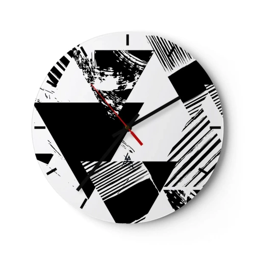 Reloj de pared - Reloj de vidrio - Composición geométrica en blanco y negro con triángulos. - 30x30cm - Una lluvia de triángulos - Decoración de pared moderna para salón, cocina y dormitorio ARTTOR