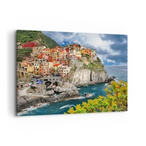 Cuadro sobre lienzo - Impresión de Imagen - Casas coloridas en un acantilado con vistas al mar en Cinque Terre - 100x70cm - En el acantilado - Decoración de pared moderna para salón y dormitorio ARTTOR