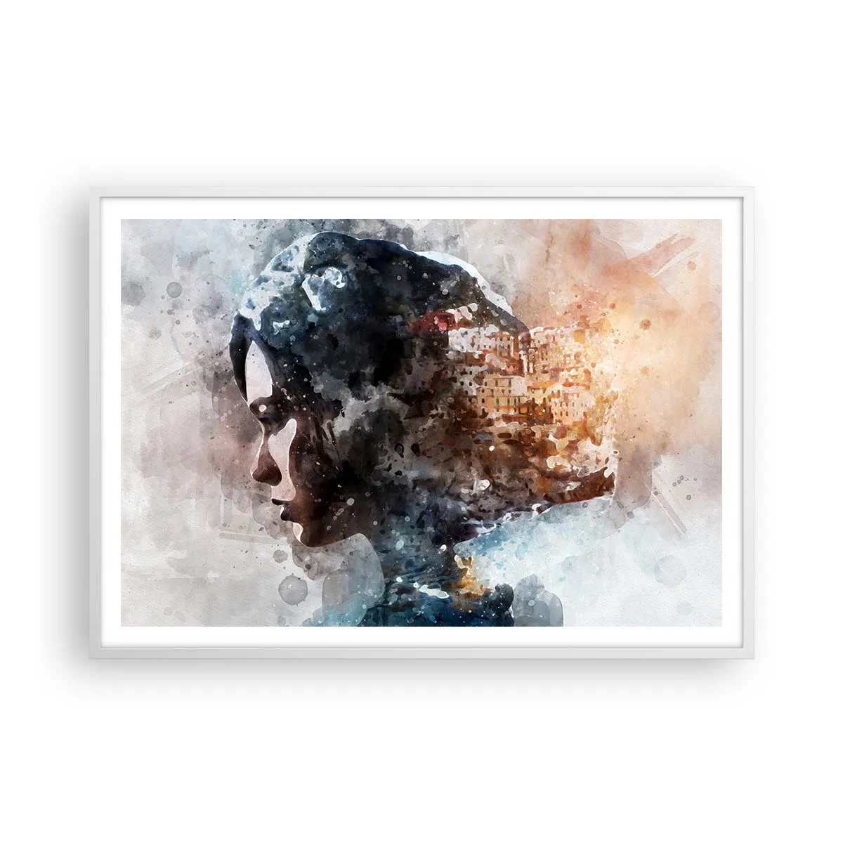 Póster en marco blanco - Una historia sobre una niña con una ciudad de fondo - 100x70 cm