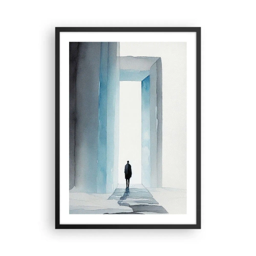 Póster en marco negro - Una figura caminando a través de una puerta azul, simbolizando la libertad y posibilidades ilimitadas. - 50x70cm - Vivir sin límites - Decoración de pared moderna para salón y dormitorio ARTTOR