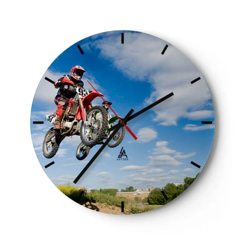 Reloj de pared - Reloj de vidrio - Motocross en vuelo contra el cielo - 30x30cm - Salto del cielo - Decoración de pared moderna para salón, cocina y dormitorio ARTTOR