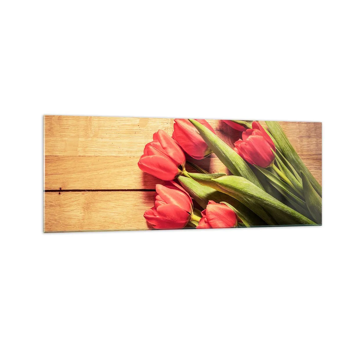 Cuadro sobre vidrio - Impresiones sobre Vidrio - Un ramo de tulipanes rosas sobre un fondo de madera. - 140x50cm - Una confesión primaveral - Decoración de pared moderna para salón y dormitorio ARTTOR