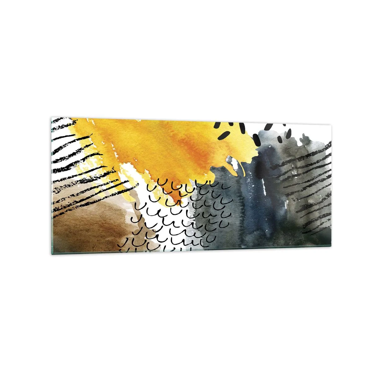 Cuadro sobre vidrio - Impresiones sobre Vidrio - Una composición abstracta con acentos amarillos y patrones gráficos. - 120x50cm - Reunión de los elementos - Decoración de pared moderna para salón y dormitorio ARTTOR