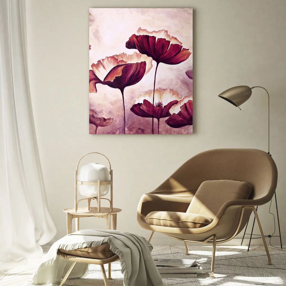 Cuadro sobre vidrio - Impresiones sobre Vidrio - Amapolas rojas y blancas contra un cielo brillante - 50x70cm - Pétalo rojo y blanco - Decoración de pared moderna para salón y dormitorio ARTTOR