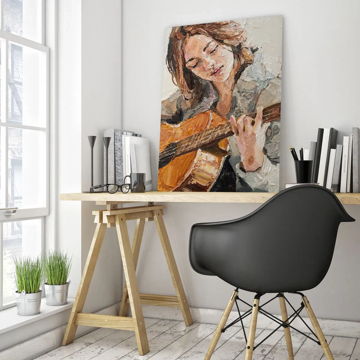 Cuadro sobre vidrio - Impresiones sobre Vidrio - Retrato de una niña tocando la guitarra en estilo pictórico con colores cálidos. - 80x120cm - Concierto de guitarra y corazón joven - Decoración de pared moderna para salón y dormitorio ARTTOR