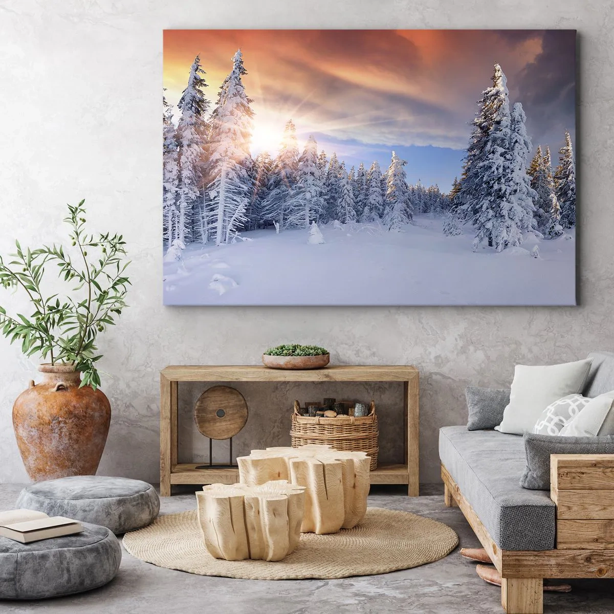 Cuadro sobre lienzo - Impresión de Imagen - Paisaje invernal con un bosque nevado al atardecer - 70x50cm - Un espectáculo de naturaleza nevada - Decoración de pared moderna para salón y dormitorio ARTTOR