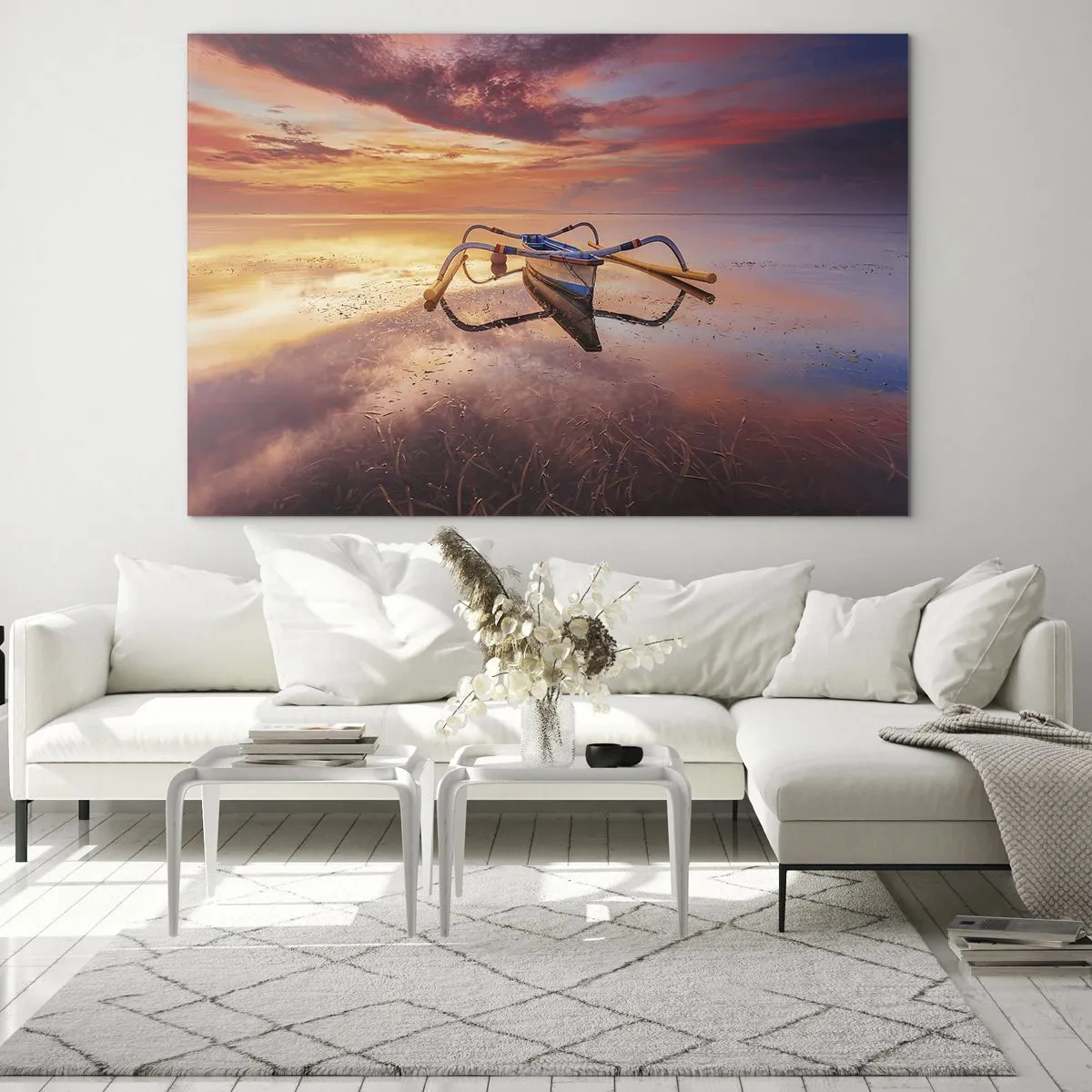Cuadro sobre vidrio - Impresiones sobre Vidrio - Barco tradicional en aguas tranquilas al atardecer - 100x70cm - Calma de una tarde tropical - Decoración de pared moderna para salón y dormitorio ARTTOR