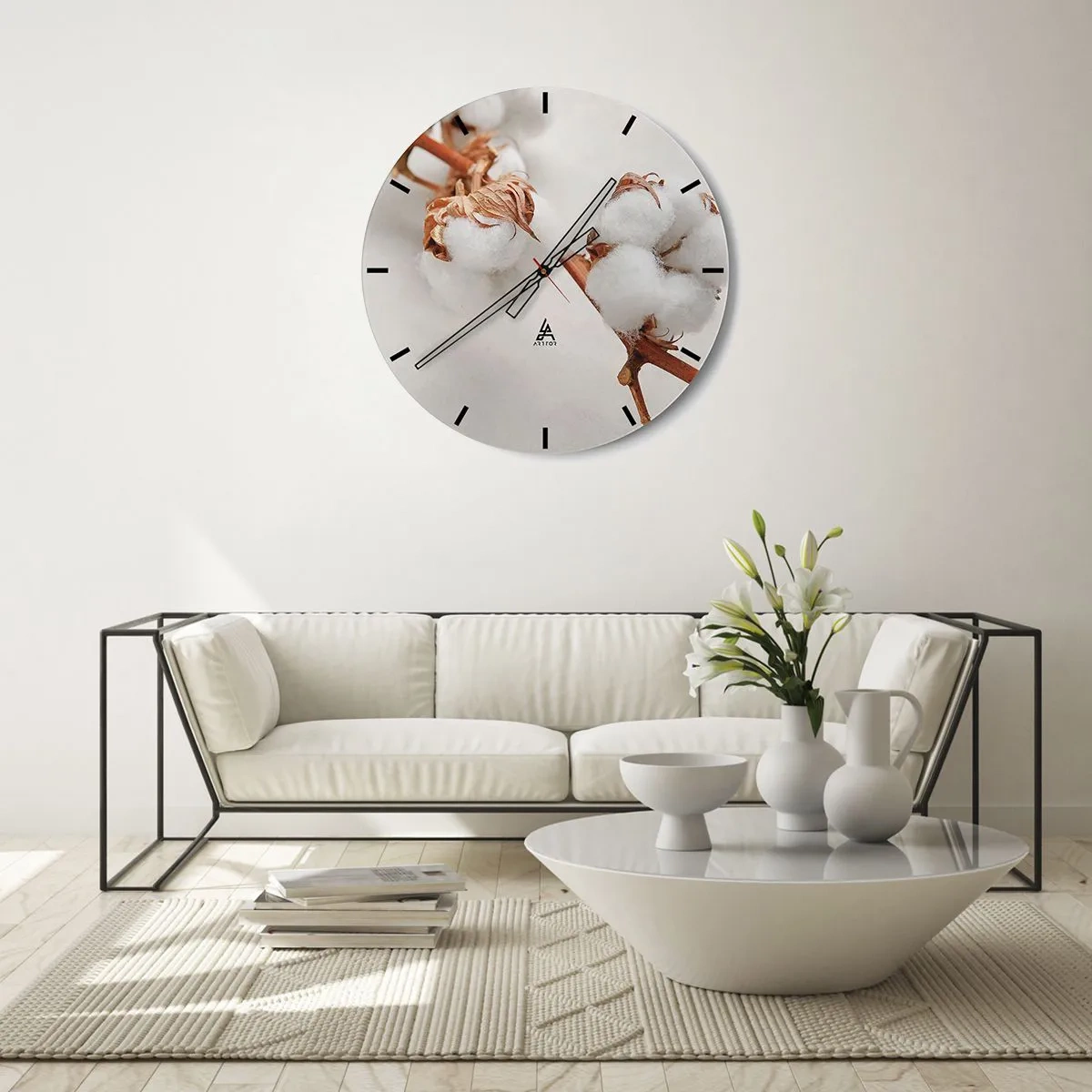 Reloj de pared - Reloj de vidrio - Flores de algodón blancas y esponjosas sobre un fondo claro - 30x30cm - Un suave tacto - Decoración de pared moderna para salón, cocina y dormitorio ARTTOR