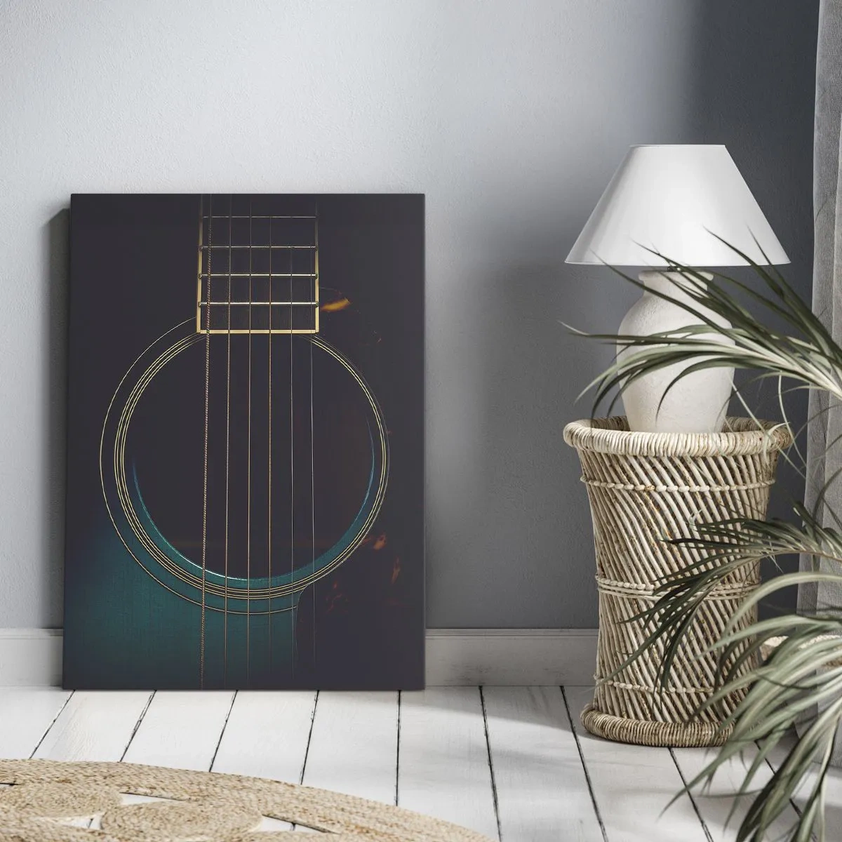 Cuadro sobre lienzo - Impresión de Imagen - Guitarra acústica en luz oscura y elegante. - 50x70cm - Un momento antes de que suene - Decoración de pared moderna para salón y dormitorio ARTTOR