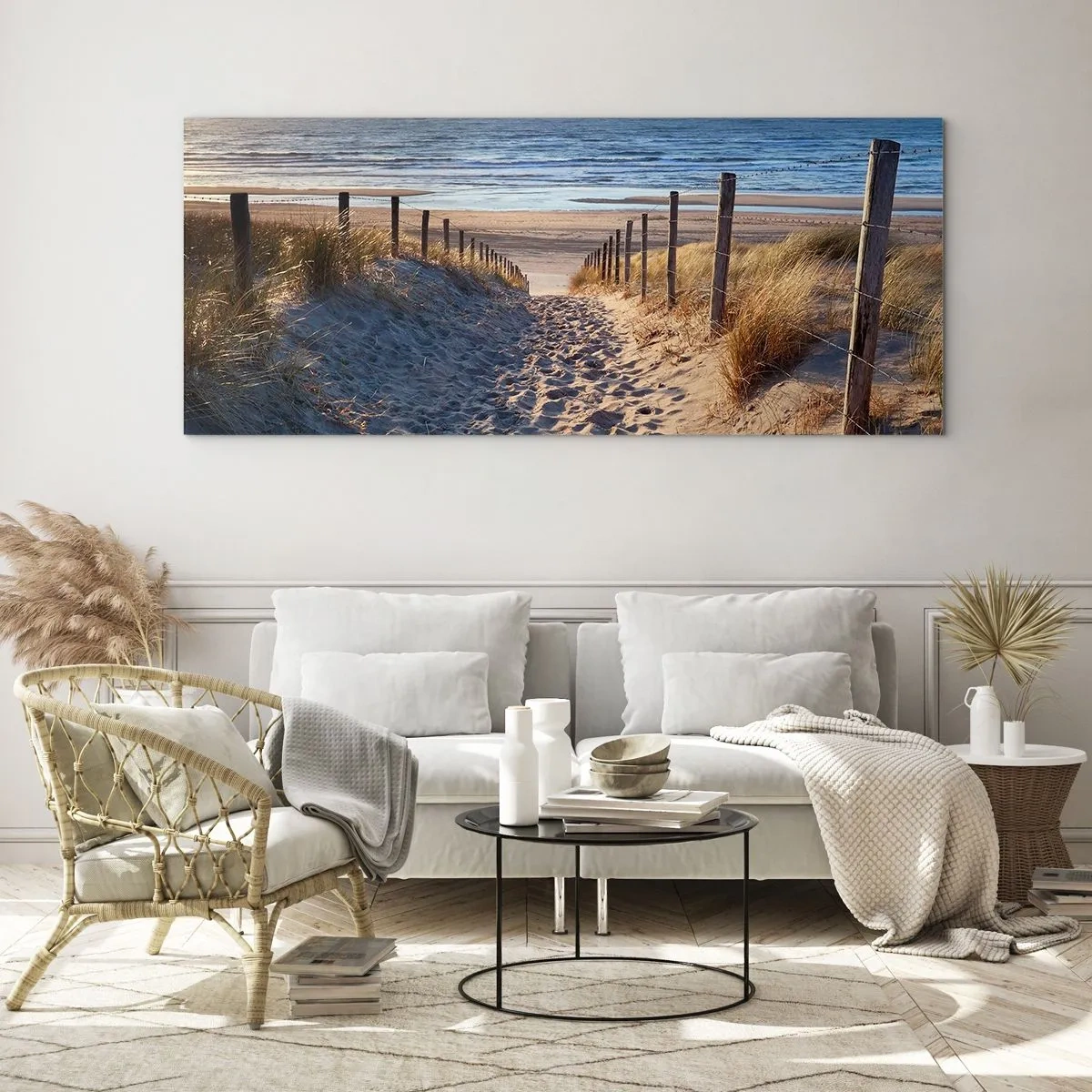 Cuadro sobre vidrio - Impresiones sobre Vidrio - Camino a través de las dunas que conduce a la playa. - 140x50cm - El sonido del mar, el canto de los pájaros, una playa virgen entre las dunas... - Decoración de pared moderna para salón y dormitorio ARTTOR