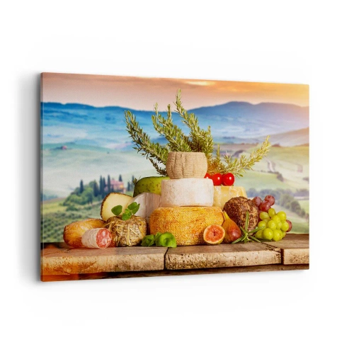 Cuadro sobre lienzo - Impresión de Imagen - Una composición de quesos y frutas con el paisaje toscano como telón de fondo. - 120x80cm - La alegría de vivir italiana - Decoración de pared moderna para salón y dormitorio ARTTOR