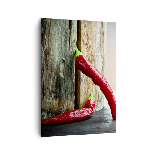 Cuadro sobre lienzo - Impresión de Imagen - Dos chiles rojos sobre un fondo de madera con acento rústico. - 50x70cm - Pimientos rojos picantes - Decoración de pared moderna para salón y dormitorio ARTTOR
