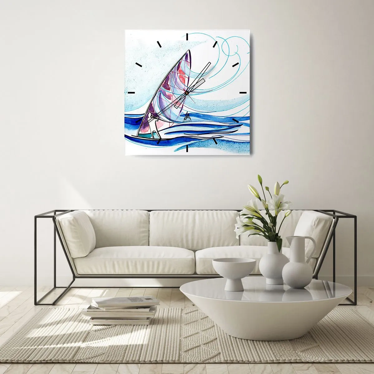 Reloj de pared - Reloj de vidrio - Un surfista montando las olas en una composición abstracta de acuarela. - 30x30cm - Con el viento al ritmo de las olas - Decoración de pared moderna para salón y dormitorio ARTTOR