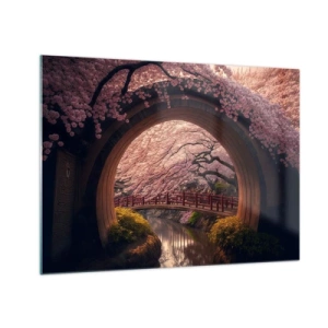 Cuadro sobre vidrio - Impresiones sobre Vidrio - Cerezos en flor y un puente japonés vistos a través de la puerta redonda. - 70x50cm - Primavera japonesa - Decoración de pared moderna para salón y dormitorio ARTTOR