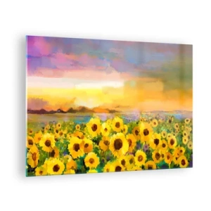 Cuadro sobre vidrio - Impresiones sobre Vidrio - Un campo de girasoles a la luz del sol poniente. - 70x50cm - El propio sol ha bajado a la Tierra - Decoración de pared moderna para salón y dormitorio ARTTOR