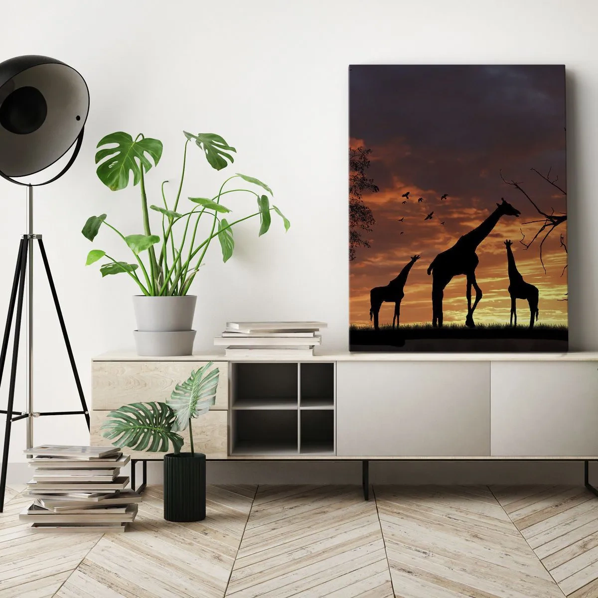Cuadro sobre lienzo - Impresión de Imagen - Siluetas de jirafas con el atardecer africano como telón de fondo - 50x70cm - Una pequeña cena con tus seres queridos - Decoración de pared moderna para salón y dormitorio ARTTOR