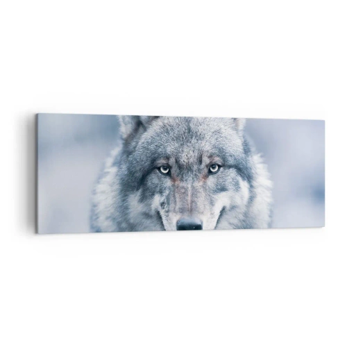 Cuadro sobre lienzo - Impresión de Imagen - Un lobo con una mirada intensa en un paisaje invernal. - 140x50cm - ¿Aceptarás el reto? - Decoración de pared moderna para salón y dormitorio ARTTOR