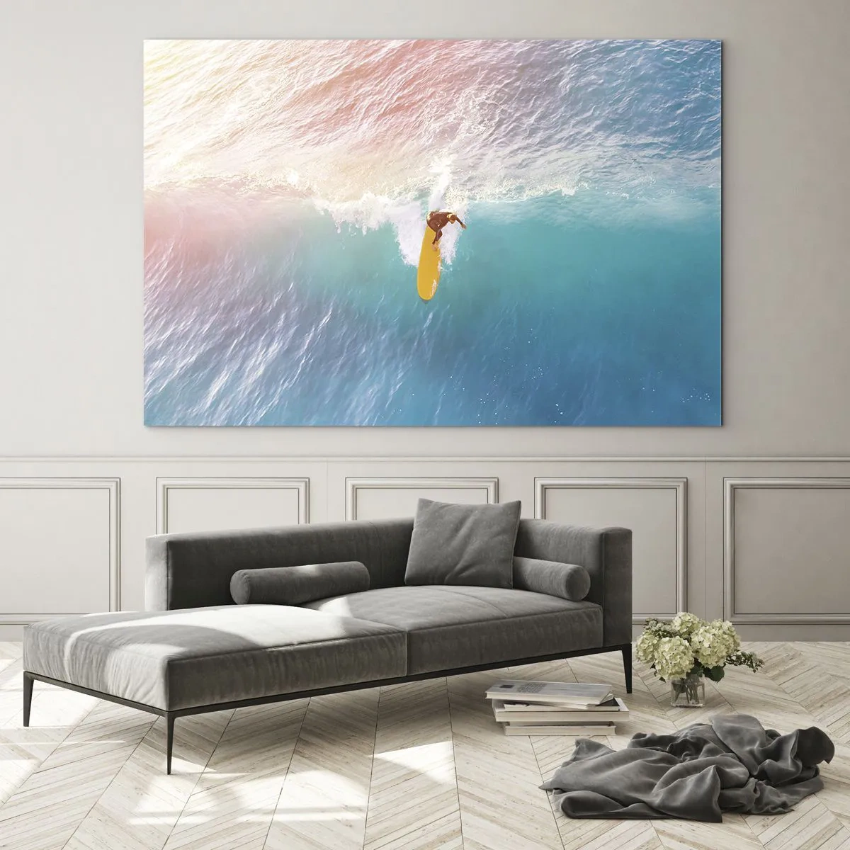 Cuadro sobre vidrio - Impresiones sobre Vidrio - Surfista montando una ola en el océano turquesa - 100x70cm - Jinete del océano - Decoración de pared moderna para salón y dormitorio ARTTOR