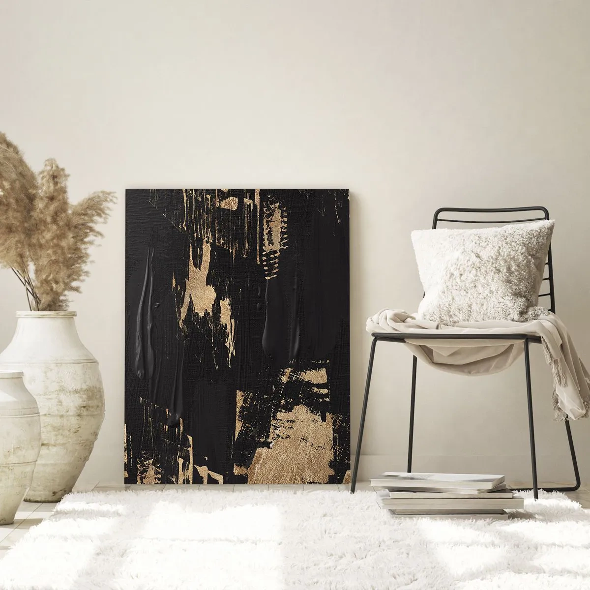 Cuadro sobre vidrio - Impresiones sobre Vidrio - Composición abstracta en tonos negros y dorados. - 80x120cm - Un rastro de tacto - Decoración de pared moderna para salón y dormitorio ARTTOR