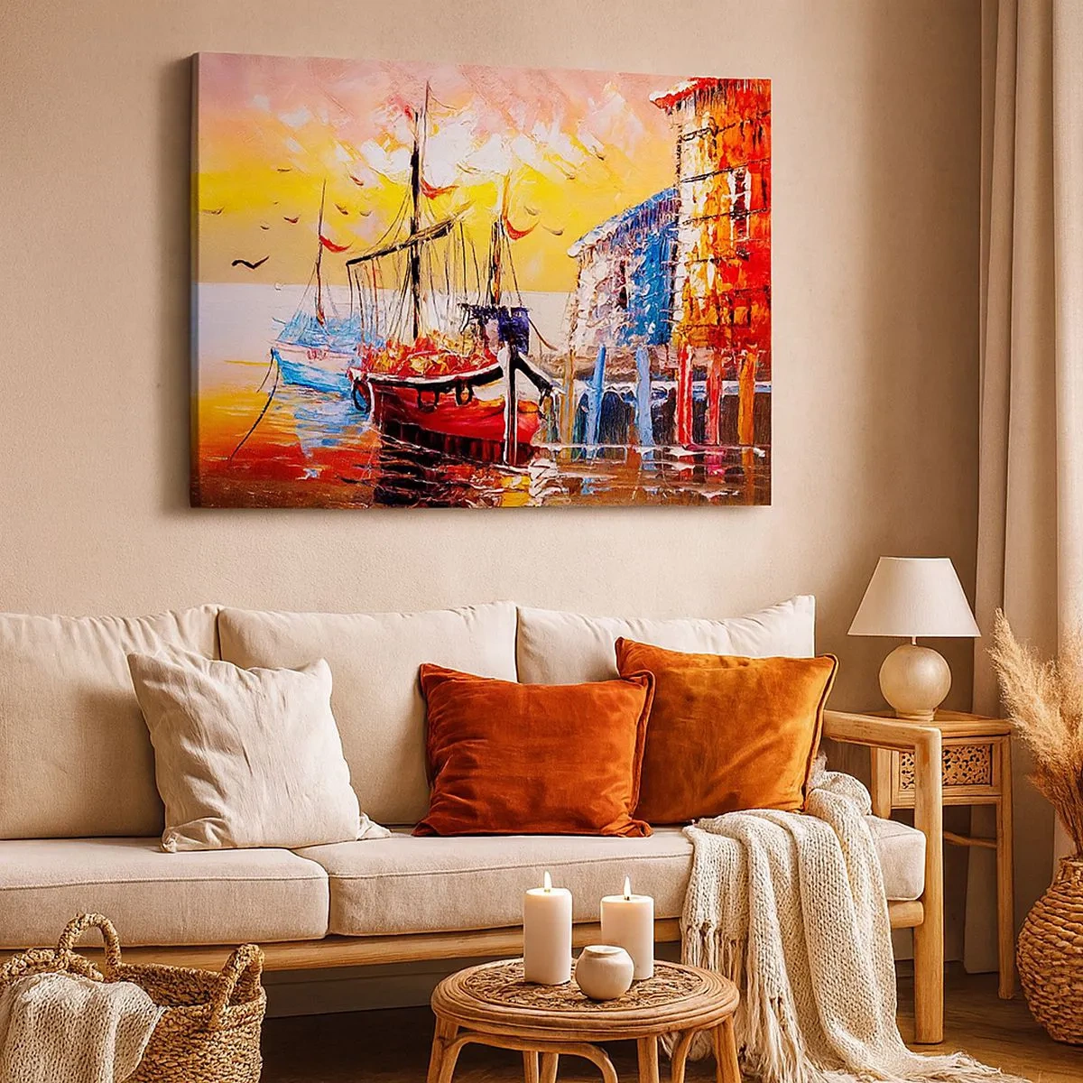 Cuadro sobre lienzo - Impresión de Imagen - Puerto pintoresco al atardecer con barcos de pesca - 70x50cm - Feliz regreso - Decoración de pared moderna para salón y dormitorio ARTTOR