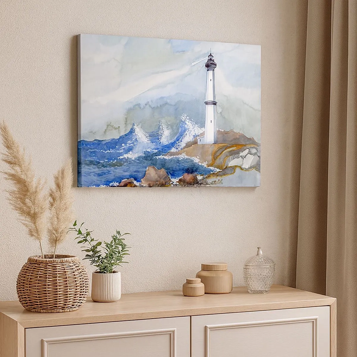 Cuadro sobre lienzo - Impresión de Imagen - Un faro en una costa rocosa con mar agitado. - 70x50cm - Contra la oscuridad y la tormenta - Decoración de pared moderna para salón y dormitorio ARTTOR