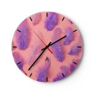 Reloj de pared - Reloj de vidrio - Plumas moradas sobre un fondo rosa - 30x30cm - Un pájaro lila del deseo - Decoración de pared moderna para salón, cocina y dormitorio ARTTOR