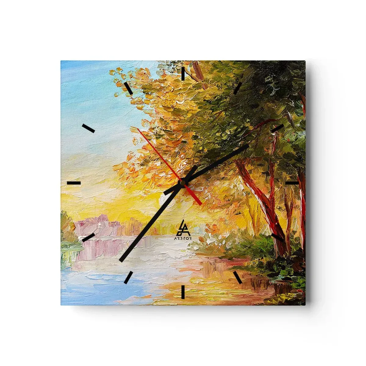 Reloj de pared - Reloj de vidrio - Un paisaje pintoresco con un río y árboles al atardecer. - 30x30cm - Ensueño - Decoración de pared moderna para salón y dormitorio ARTTOR