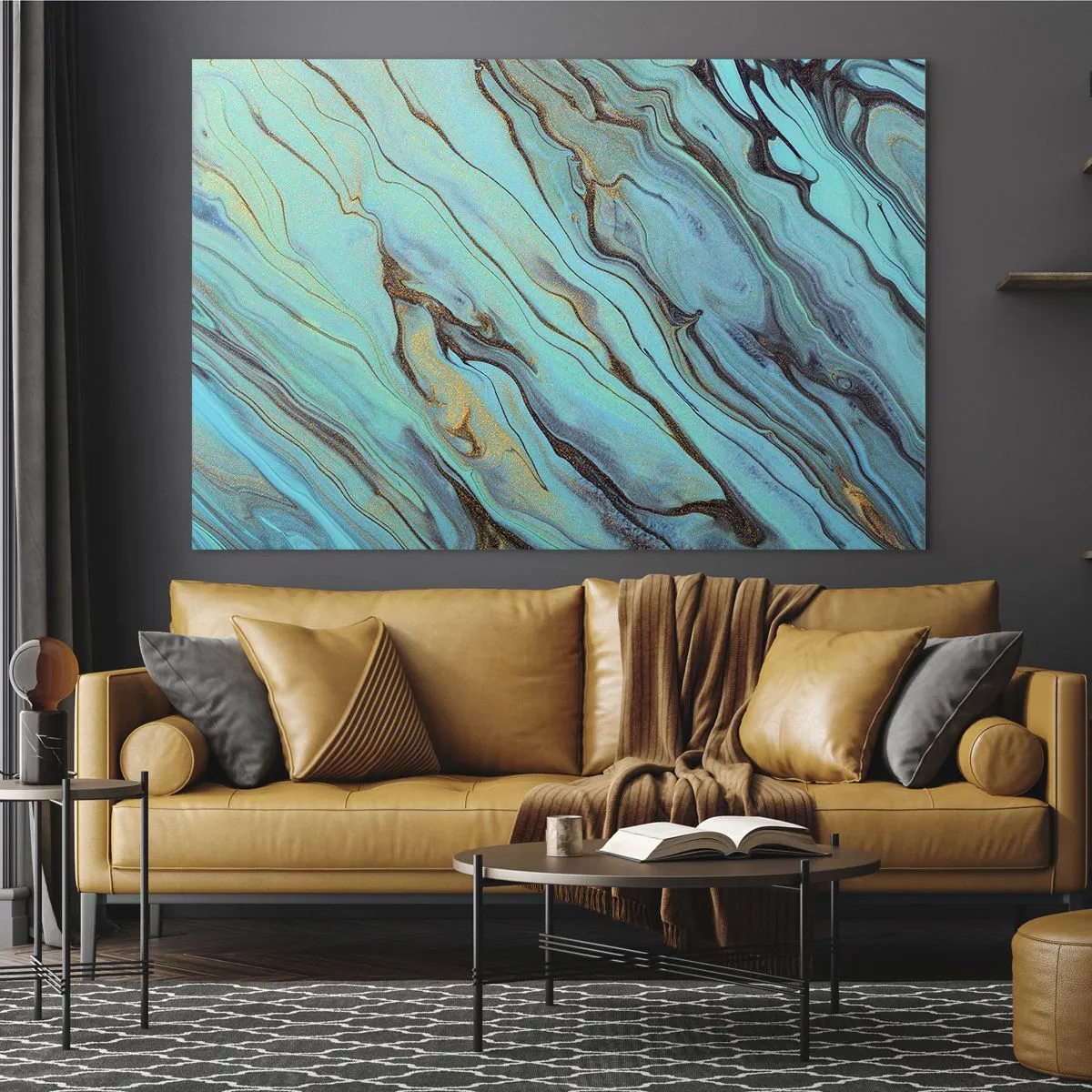 Cuadro sobre vidrio - Impresiones sobre Vidrio - Rayas abstractas en turquesa y oro - 70x50cm - Marea turquesa - Decoración de pared moderna para salón y dormitorio ARTTOR