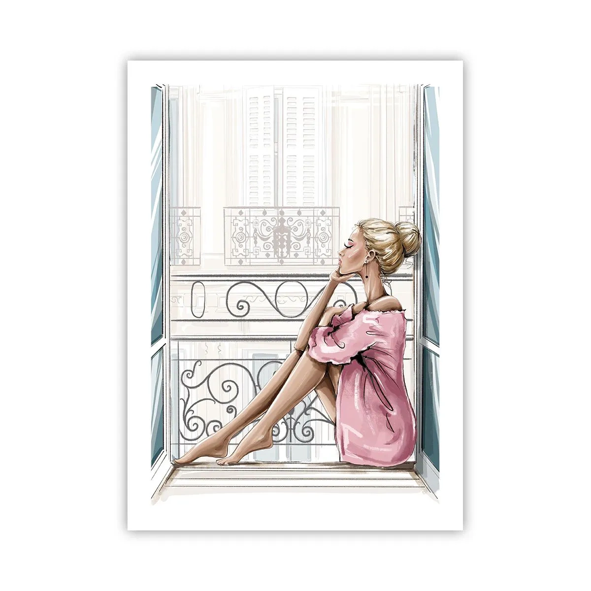 Póster - Una mujer con una bata rosa sentada en un balcón. - 50x70cm - Una mañana parisina - Decoración de pared moderna para salón y dormitorio ARTTOR