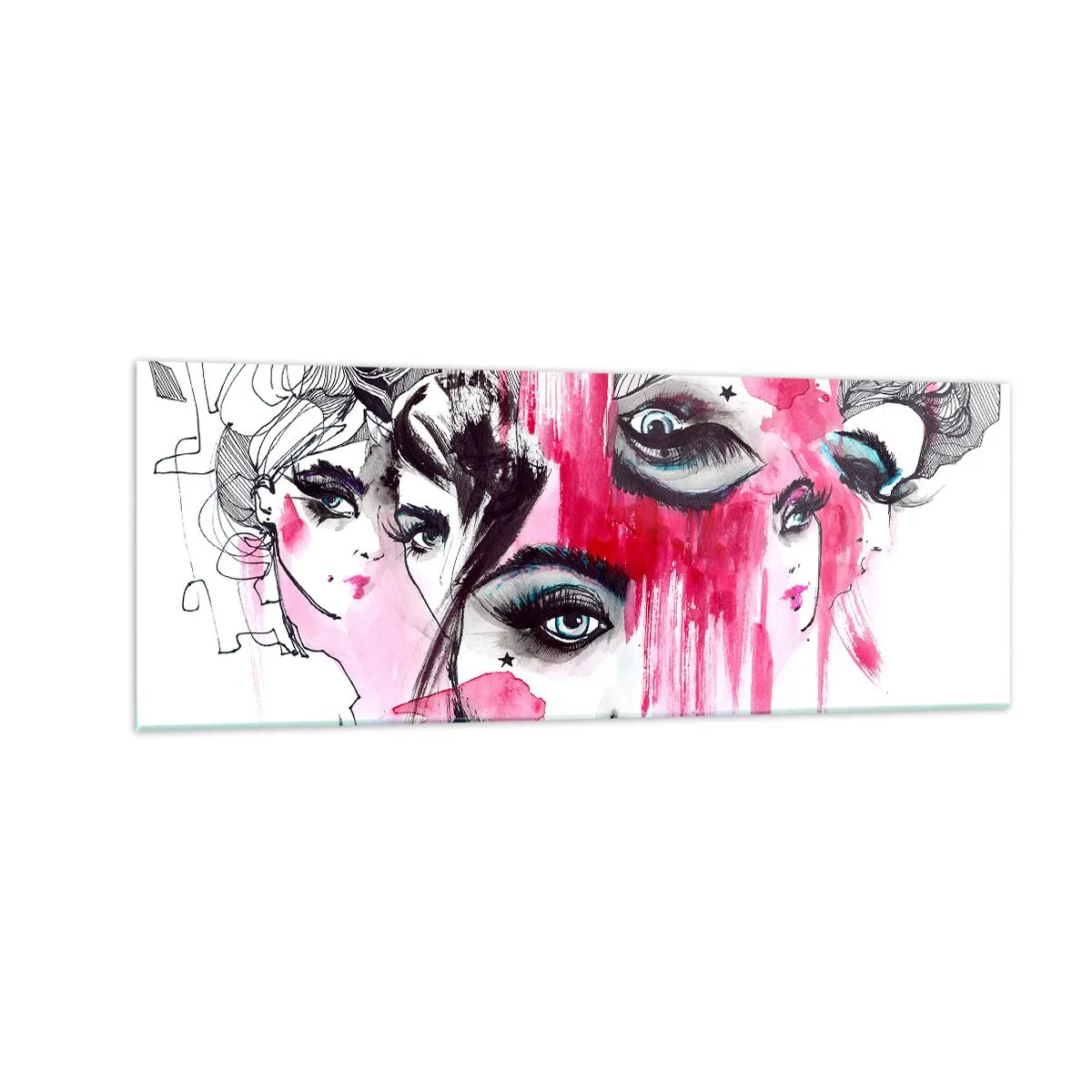Cuadro sobre vidrio - Impresiones sobre Vidrio - Rostro abstracto en tonos rosa y negro. - 140x50cm - Ojos abstractos - Decoración de pared moderna para salón y dormitorio ARTTOR