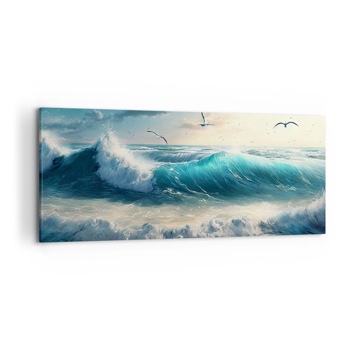 Cuadro sobre lienzo - Impresión de Imagen - Olas del mar en la playa bajo un cielo azul con gaviotas - 120x50cm - La brisa solo para ti - Decoración de pared moderna para salón y dormitorio ARTTOR