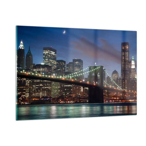 Cuadro sobre vidrio - Impresiones sobre Vidrio - Panorama de la ciudad con el puente iluminado por luces nocturnas. - 120x80cm - Una noche iluminada - Decoración de pared moderna para salón y dormitorio ARTTOR