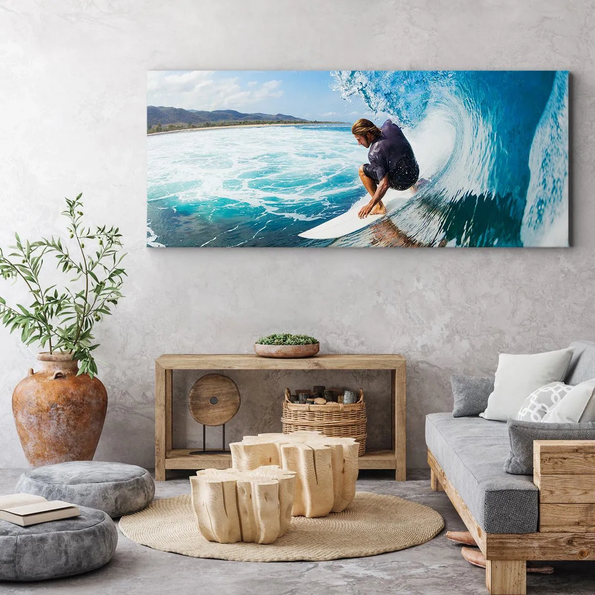 Cuadro sobre lienzo - Impresión de Imagen - Un surfista en una pose dinámica sobre una ola en agua turquesa. - 140x50cm - Bailando con las olas - Decoración de pared moderna para salón y dormitorio ARTTOR