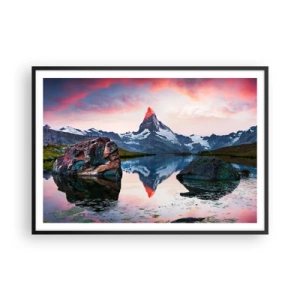 Póster en marco negro - Un pico de montaña reflejado en un lago al atardecer. - 100x70cm - El corazón de las montañas arde - Decoración de pared moderna para salón y dormitorio ARTTOR