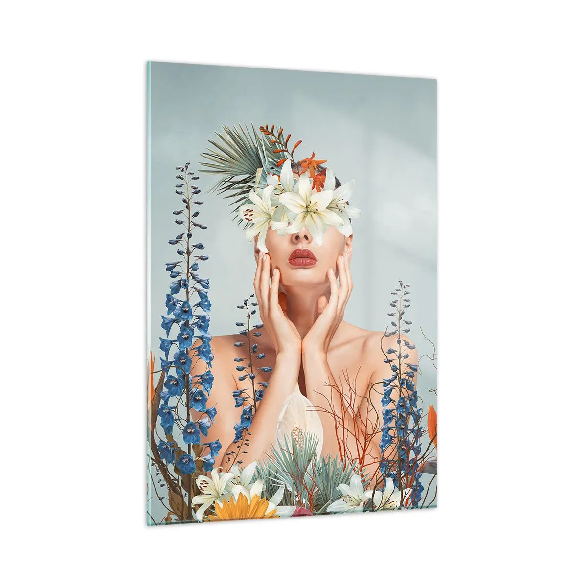 Cuadro sobre vidrio - Impresiones sobre Vidrio - Figura de una mujer con una corona de flores y un arreglo floral. - 50x70cm - Mujer-flor - Decoración de pared moderna para salón y dormitorio ARTTOR