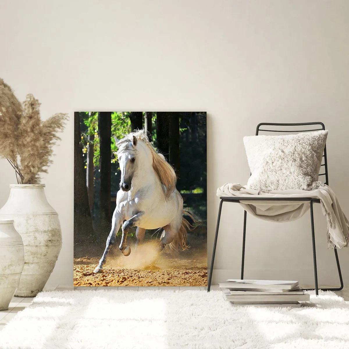 Cuadro sobre vidrio - Impresiones sobre Vidrio - Un caballo blanco galopando a través de un claro del bosque. - 70x100cm - Como en una novela de fantasía - Decoración de pared moderna para salón y dormitorio ARTTOR
