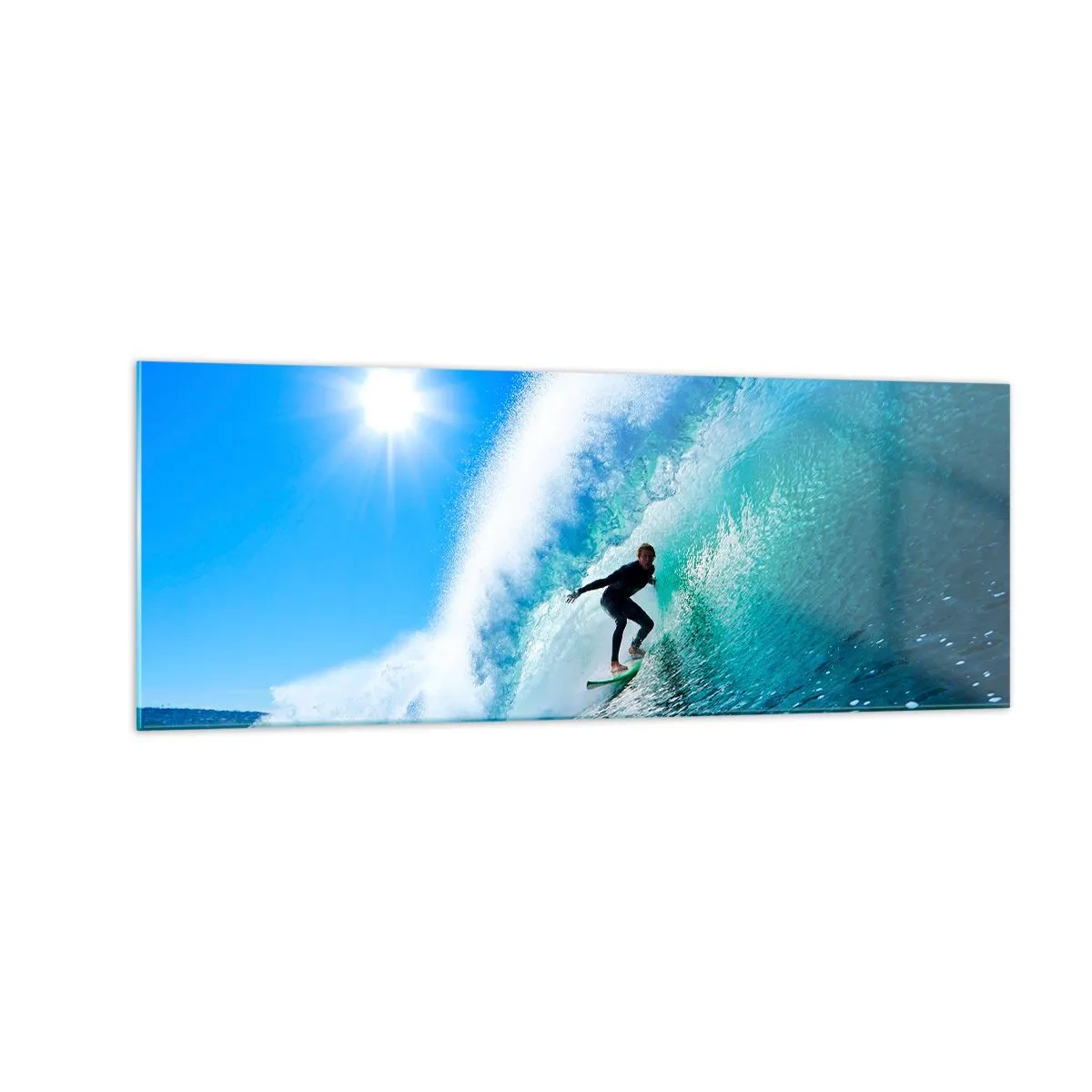 Cuadro sobre vidrio - Impresiones sobre Vidrio - Un surfista en una tabla se desliza dentro de una poderosa ola bajo un cielo azul. - 140x50cm - A través de la gran ola - Decoración de pared moderna para salón y dormitorio ARTTOR