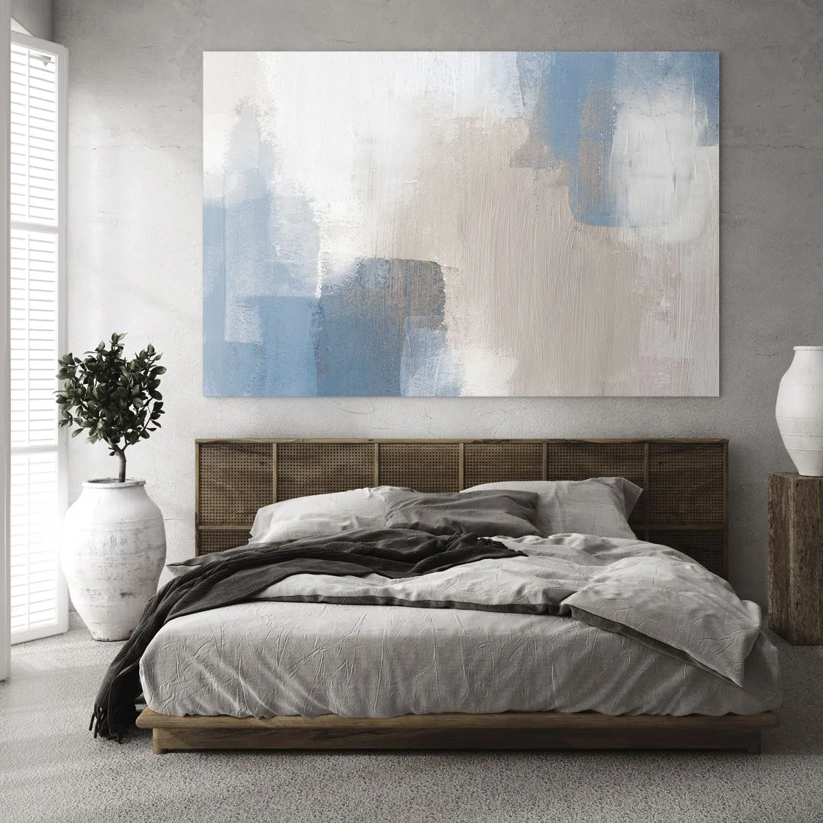 Cuadro sobre vidrio - Impresiones sobre Vidrio - Abstracción beige y azul en colores pastel - 100x70cm - Abstracción rosa tras un velo azul - Decoración de pared moderna para salón y dormitorio ARTTOR