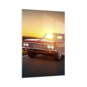 Cuadro sobre vidrio - Impresiones sobre Vidrio - Coche clásico rojo contra el sol poniente - 50x70cm - El deseo es rojo - Decoración de pared moderna para salón y dormitorio ARTTOR