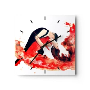 Reloj de pared - Reloj de vidrio - Una pintura de acuarela dinámica de una pareja bailando en colores rojos. - 30x30cm - El tango: una ola sensual - Decoración de pared moderna para salón y dormitorio ARTTOR