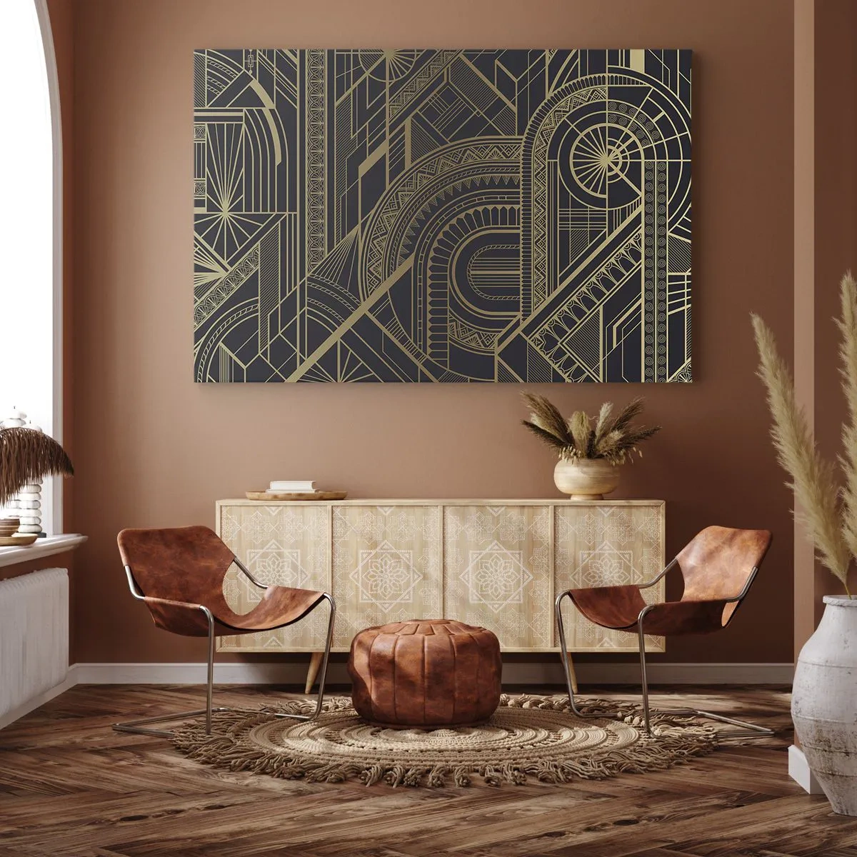 Cuadro sobre lienzo - Impresión de Imagen - Patrones geométricos dorados sobre fondo negro en estilo Art Déco - 120x80cm - Conceptos, ideas, planes - Decoración de pared moderna para salón y dormitorio ARTTOR