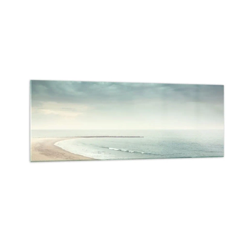 Cuadro sobre vidrio - Impresiones sobre Vidrio - Una figura solitaria en una playa desierta junto a un mar en calma. - 140x50cm - En busca de la paz - Decoración de pared moderna para salón y dormitorio ARTTOR