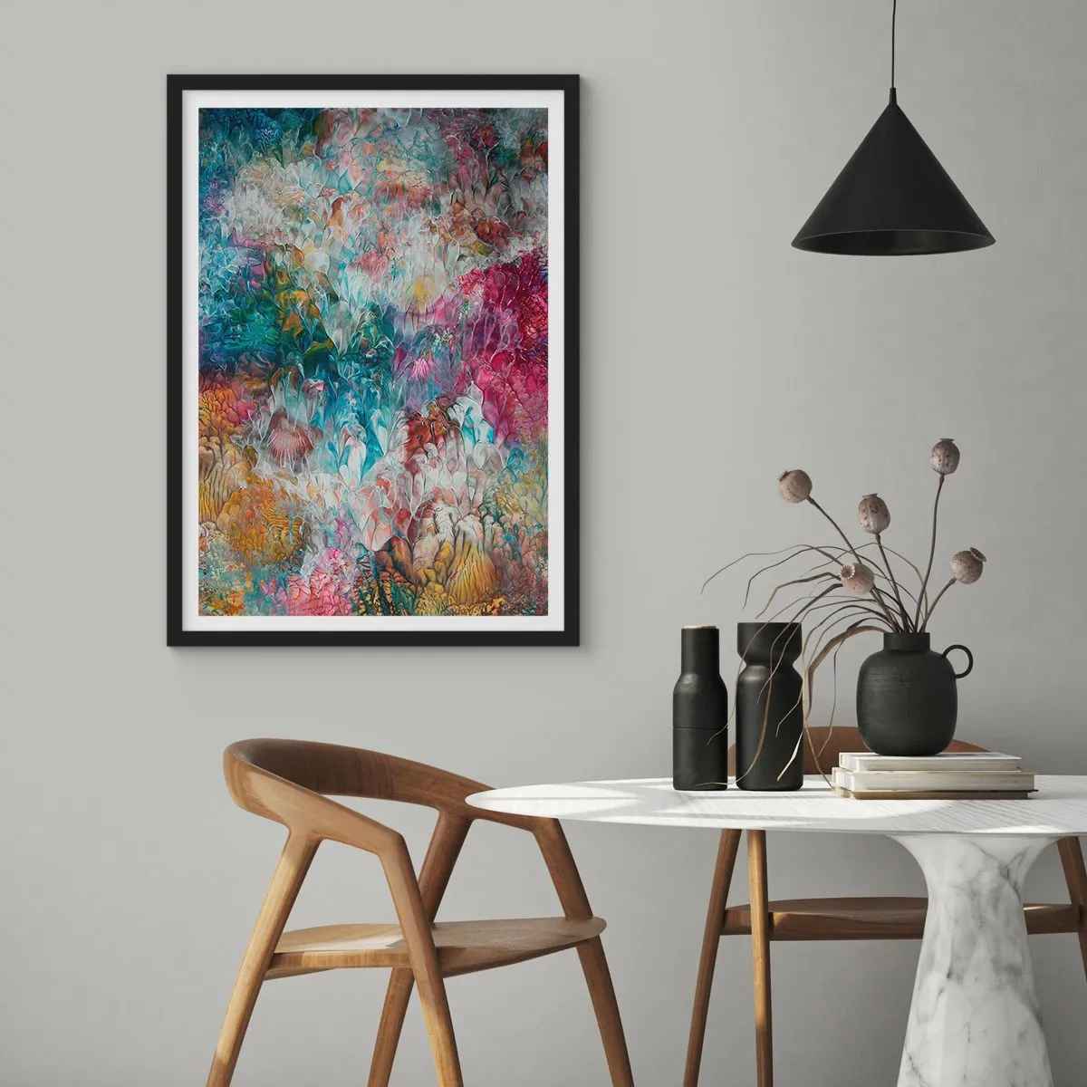 Póster en marco negro - Una composición abstracta que se asemeja a flores florecientes. - 50x70cm - En plena floración - Decoración de pared moderna para salón y dormitorio ARTTOR
