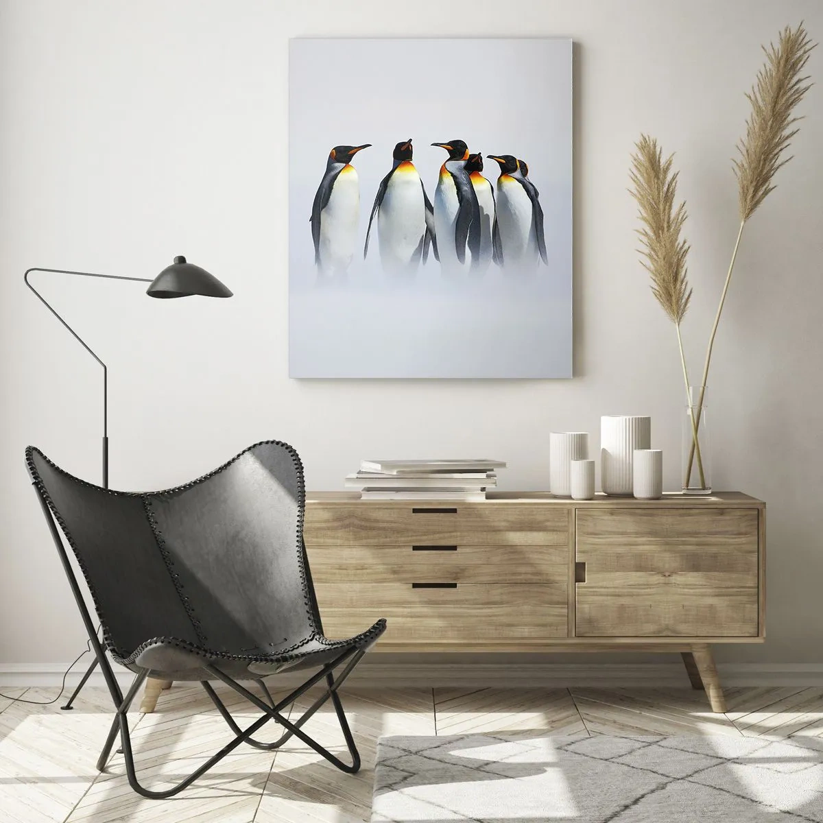 Cuadro sobre vidrio - Impresiones sobre Vidrio - Un grupo de pingüinos en un paisaje invernal. - 50x70cm - Reunión en traje de noche - Decoración de pared moderna para salón y dormitorio ARTTOR