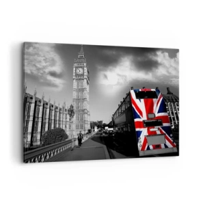 Cuadro sobre lienzo - Impresión de Imagen - El Big Ben y un autobús con una bandera británica sobre un fondo blanco y negro - 120x80cm - Orgullosa y grandiosa - Decoración de pared moderna para salón y dormitorio ARTTOR